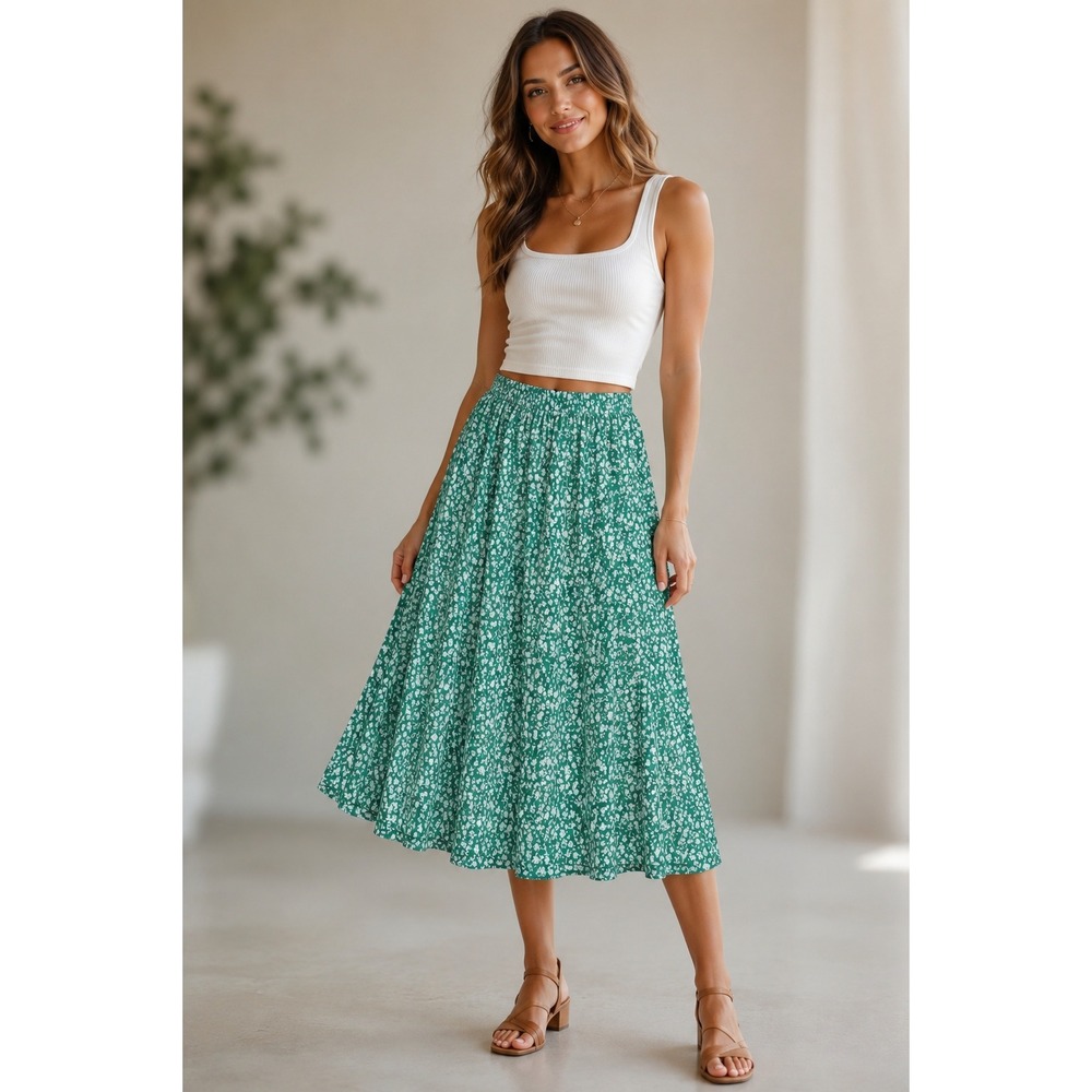 Molly Bracken Green Floral Ditsy Midi Skirt Garden Party Size L Euro Summer